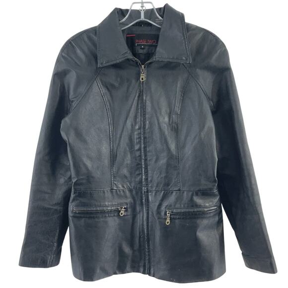 Phase Two Vintage Black Leather Zip-Up Motorcycle Jacket Women’s Small Preowned - Picture 1 of 5